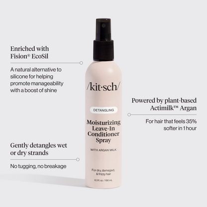KITSCH Moisturizing Argan Milk Leave-In Conditioner — product infographic — Enriched with Fision® EcoSil, a natural alternative to silicone — revives second-day hair with murumuru seed butter for renewed softness & weightless shine