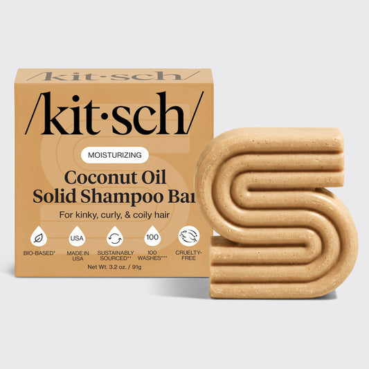 Kitsch Coconut Oil Solid Shampoo Bar with packaging displayed beside the bottle-free shampoo bar for moisturizing curly, coily, and kinky hair.