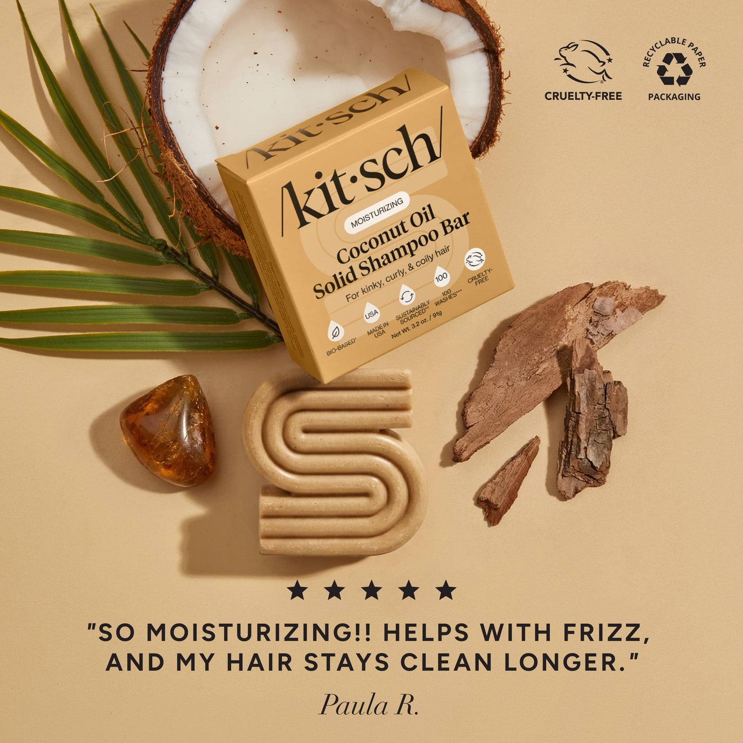 Kitsch Coconut Oil Solid Shampoo Bar with coconut and botanical ingredients beside a five-star customer review praising moisture, frizz control, and longer-lasting clean hair.
