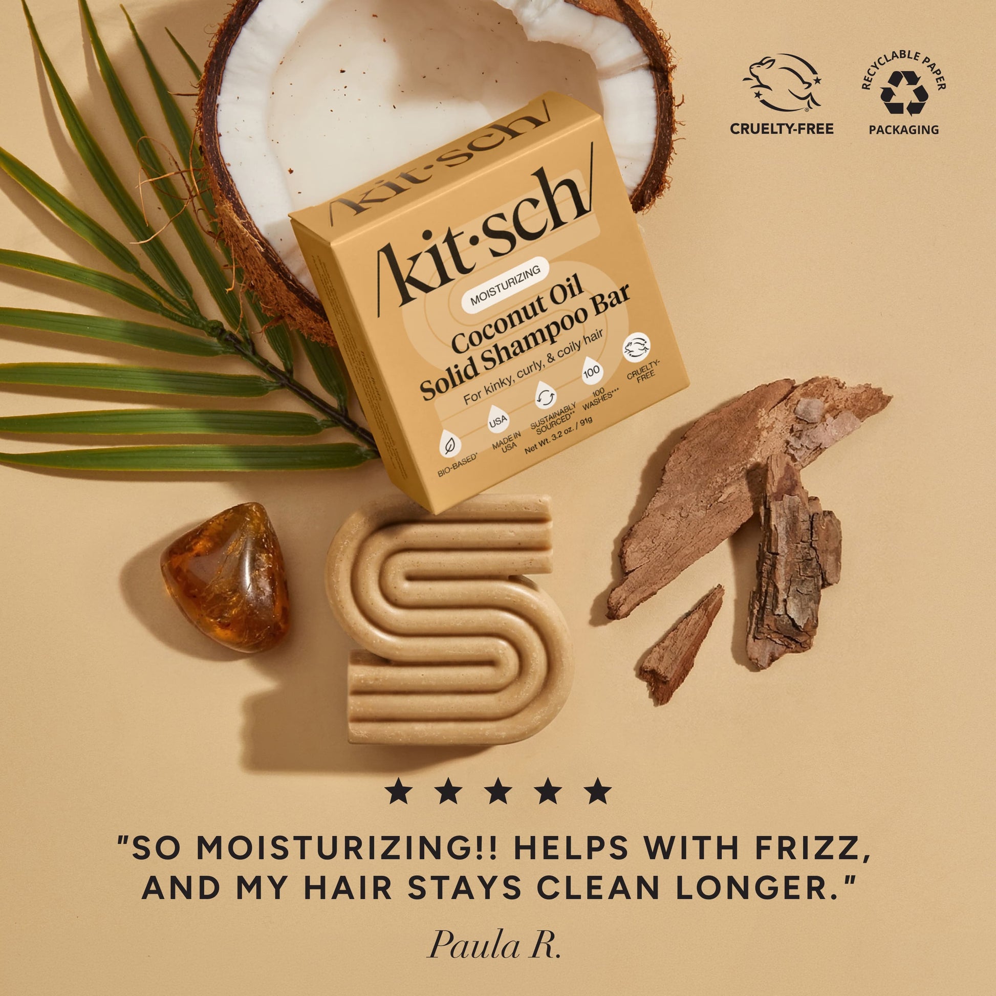 Kitsch Coconut Oil Solid Shampoo Bar with coconut and botanical ingredients beside a five-star customer review praising moisture, frizz control, and longer-lasting clean hair.