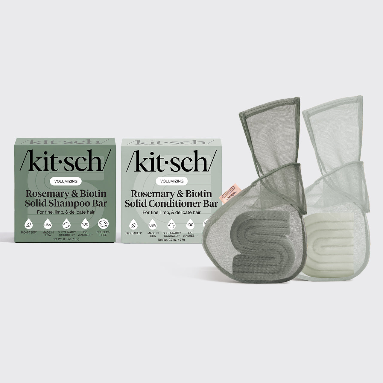 KITSCH Rosemary & Biotin Shampoo & Conditioner Combo + Bar Saver Bags Bundle — hero flat lay — Volumizing Rosemary & Biotin Shampoo Bar + Conditioner Bar + Bar Saver Bags — complete volumizing routine