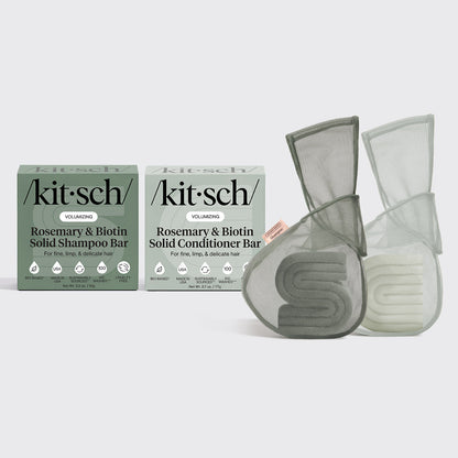 KITSCH Rosemary & Biotin Shampoo & Conditioner Combo + Bar Saver Bags Bundle — hero flat lay — Volumizing Rosemary & Biotin Shampoo Bar + Conditioner Bar + Bar Saver Bags — complete volumizing routine