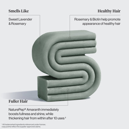 KITSCH Volumizing Rosemary & Biotin Solid Shampoo Bar benefit callout on light gray background — Smells Like: Sweet Lavender & Rosemary — Healthy Hair: Rosemary & Biotin help promote appearance of healthy hair — Fuller Hair: NaturePep® Amaranth immediately boosts fullness and shine, while thickening hair from within after 10 uses