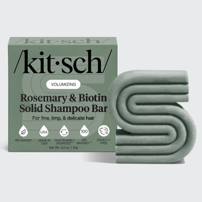 Kitsch Volumizing Rosemary & Biotin Shampoo Bar with retail packaging on a soft neutral background – for fine, limp hair