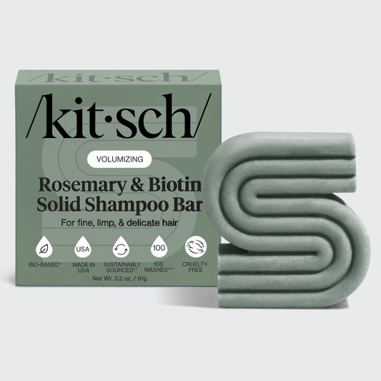 Kitsch Volumizing Rosemary & Biotin Shampoo Bar with retail packaging on a soft neutral background – for fine, limp hair