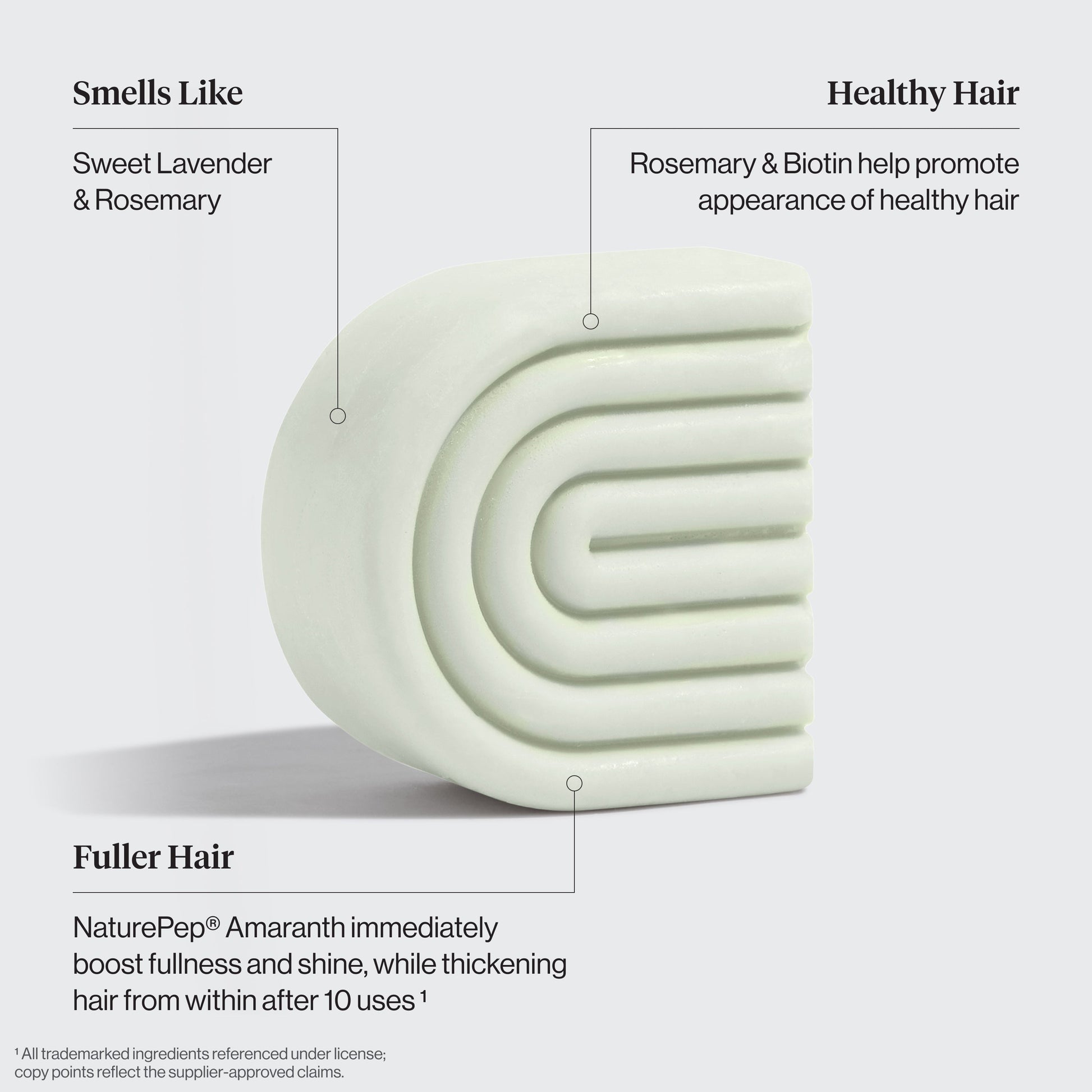 KITSCH Volumizing Rosemary & Biotin Solid Conditioner Bar benefit callout — Smells Like: Sweet Lavender & Rosemary — Healthy Hair: Rosemary & Biotin help promote appearance of healthy hair — Fuller Hair: NaturePep® Amaranth immediately boosts fullness and shine, while thickening hair from within after 10 uses