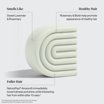 KITSCH Volumizing Rosemary & Biotin Solid Conditioner Bar benefit callout — Smells Like: Sweet Lavender & Rosemary — Healthy Hair: Rosemary & Biotin help promote appearance of healthy hair — Fuller Hair: NaturePep® Amaranth immediately boosts fullness and shine, while thickening hair from within after 10 uses