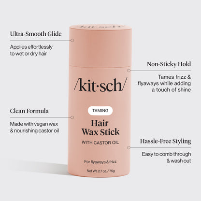KITSCH Hair Wax Stick — product infographic — Effortlessly smooths hair with a convenient solid stick design for touch-ups on the go — 100% vegan & plant-based, enriched with nourishing castor oil