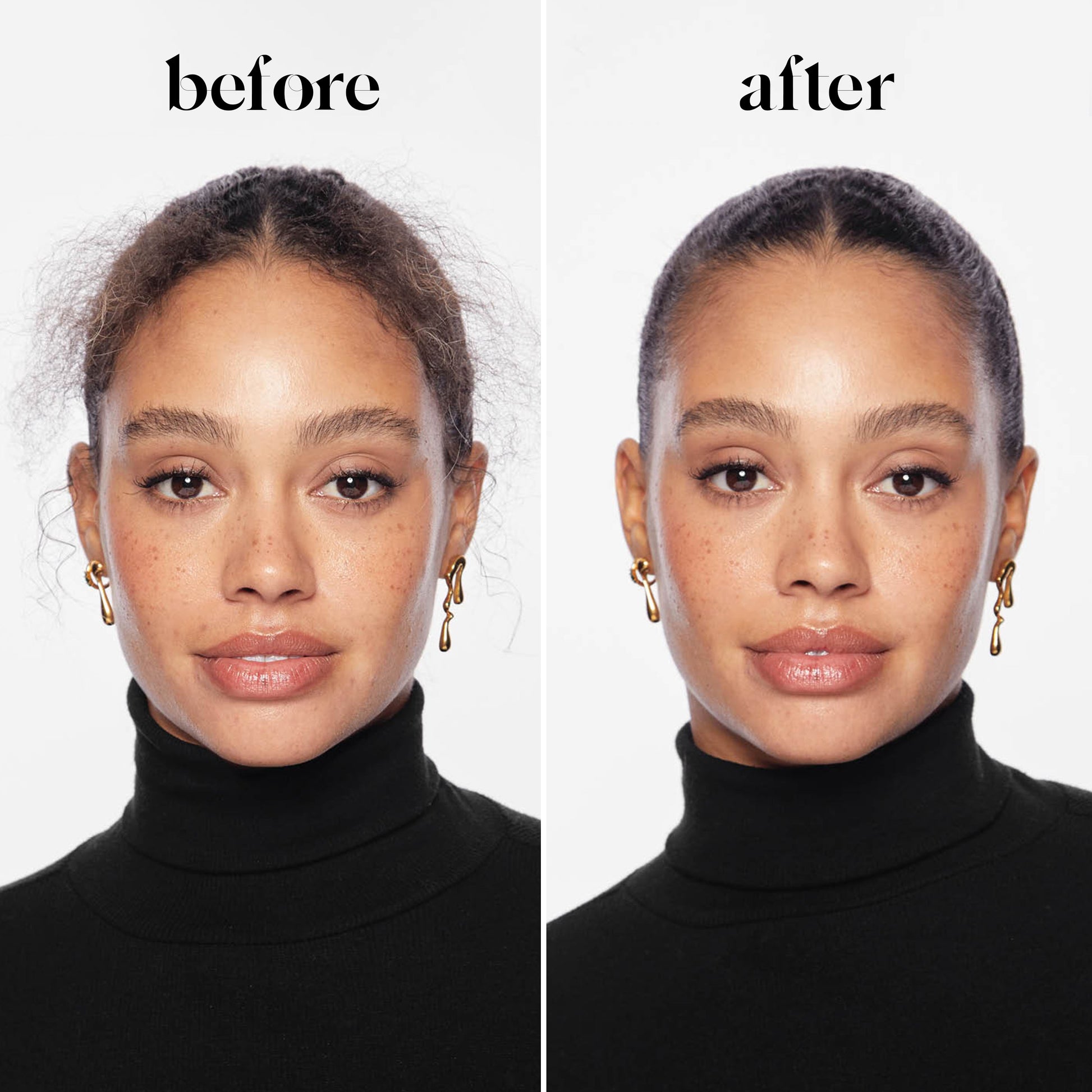 KITSCH Hair Wax Stick — before and after model shot — Tames stubborn strands for a sleek & polished style — all-day hold locks your look in place without texture or greasiness