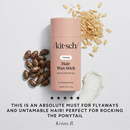 KITSCH Hair Wax Stick — 5-star customer review graphic — All-day hold locks your look in place without texture or greasiness — no-residue formula is easy to comb through, re-style & wash out