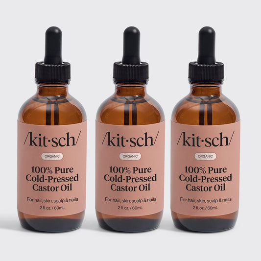 KITSCH 100% Pure Castor Oil 3-Pack — hero product shot — USDA organic, 100% pure castor oil cold-pressed to maintain its rich source of antioxidants — may help promote fuller-looking hair, longer-looking lashes, thicker-looking brows