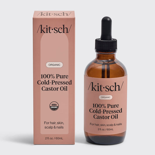 KITSCH 100% Pure Castor Oil — hero product shot — USDA organic, 100% pure castor oil cold-pressed to maintain its rich source of antioxidants — may help promote fuller-looking hair, longer-looking lashes, thicker-looking brows