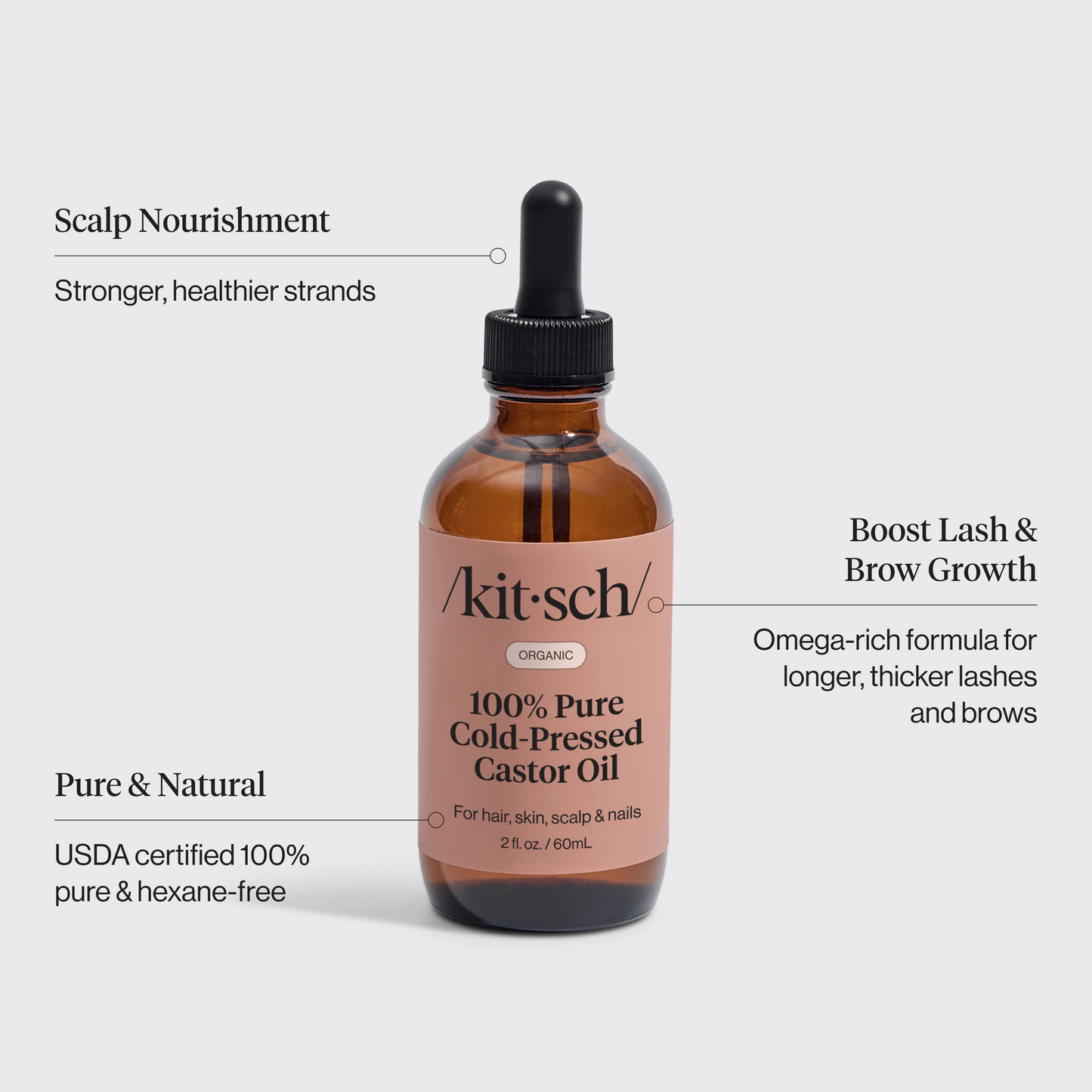 KITSCH 100% Pure Castor Oil — product infographic — May help promote fuller-looking hair, longer-looking lashes, thicker-looking brows, hydrated-looking skin, and softened cuticles — USDA organic, hexane-free formula