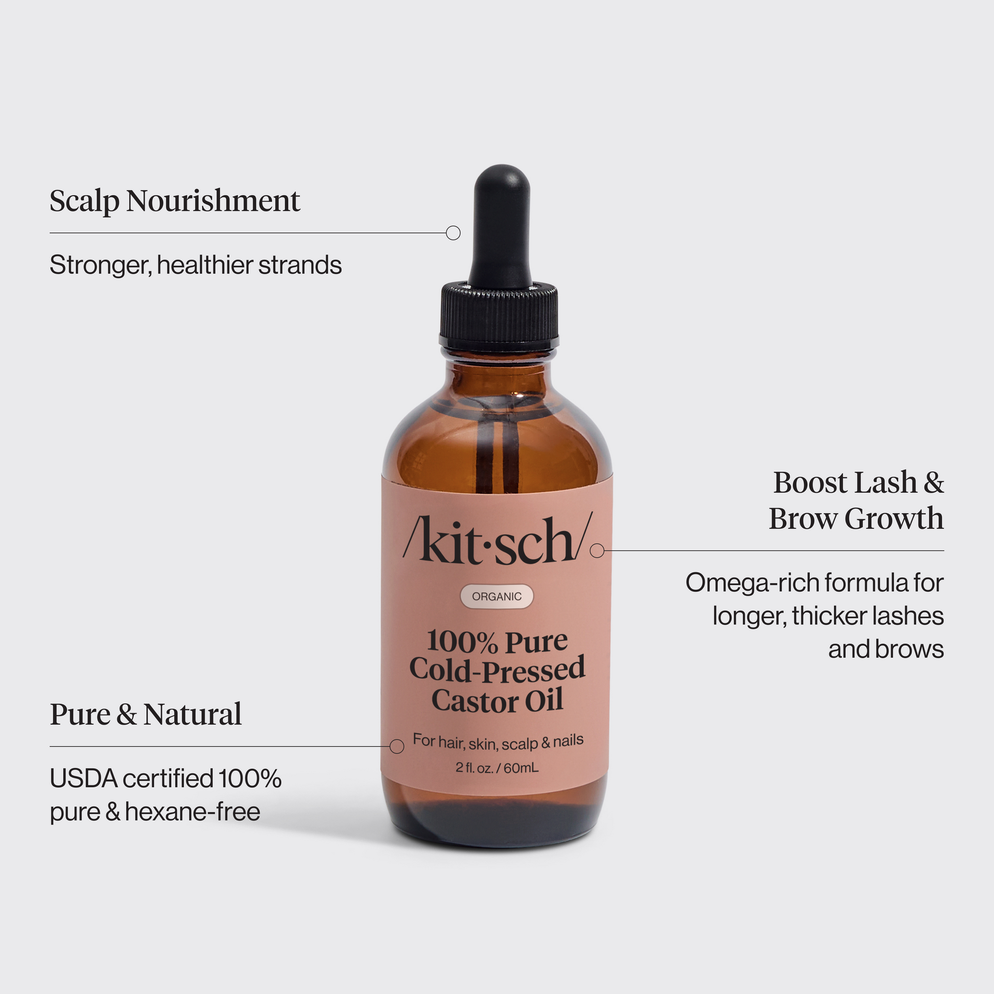 KITSCH 100% Pure Castor Oil — product infographic — May help promote fuller-looking hair, longer-looking lashes, thicker-looking brows, hydrated-looking skin, and softened cuticles — USDA organic, hexane-free formula