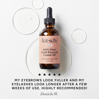 KITSCH 100% Pure Castor Oil — 5-star customer review graphic — USDA organic, hexane-free formula cold-pressed to maintain its rich source of antioxidants — may help promote fuller-looking hair, longer-looking lashes, thicker-looking brows
