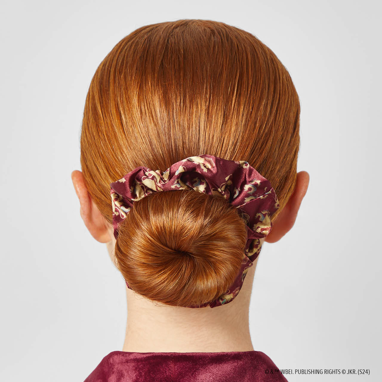KITSCH Kitsch x Harry Potter Satin Scrunchies 4pc Set in All Houses — model wearing Harry Potter satin scrunchie — all four Hogwarts house colors in silky satin, gentle on hair