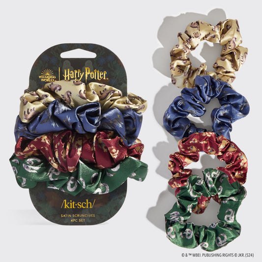 KITSCH Kitsch x Harry Potter Satin Scrunchies 4pc Set in All Houses — hero product shot — wizarding world satin scrunchies in Gryffindor, Slytherin, Hufflepuff & Ravenclaw colors