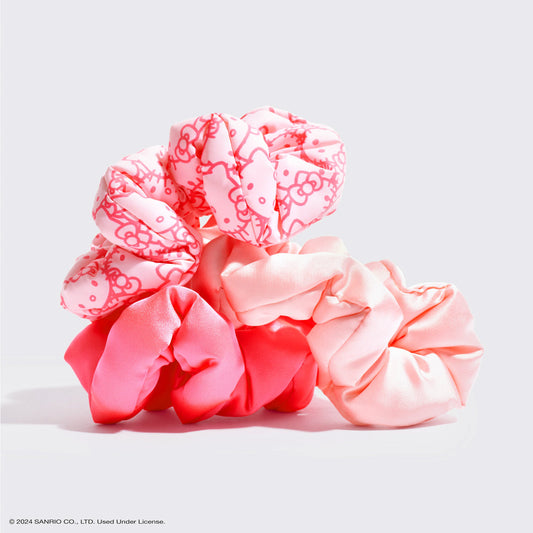 KITSCH Kitsch x Hello Kitty Puffy Scrunchies 3pc Set — product flat lay showing all 3 Hello Kitty puffy scrunchies — cloud-soft design adds volume without damage