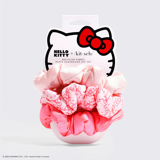 KITSCH Kitsch x Hello Kitty Puffy Scrunchies 3pc Set — product packaging shot — Hello Kitty x KITSCH limited-edition collab — super-soft puffy scrunchies gentle on all hair types