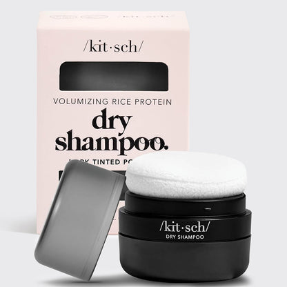 KITSCH Dark Volumizing Rice Protein Dry Shampoo with Puff — hero product shot — Eco-friendly powder formula enriched with rice protein, niacinamide & ashwagandha — extends your hairstyle with instant volume and quick oil absorption