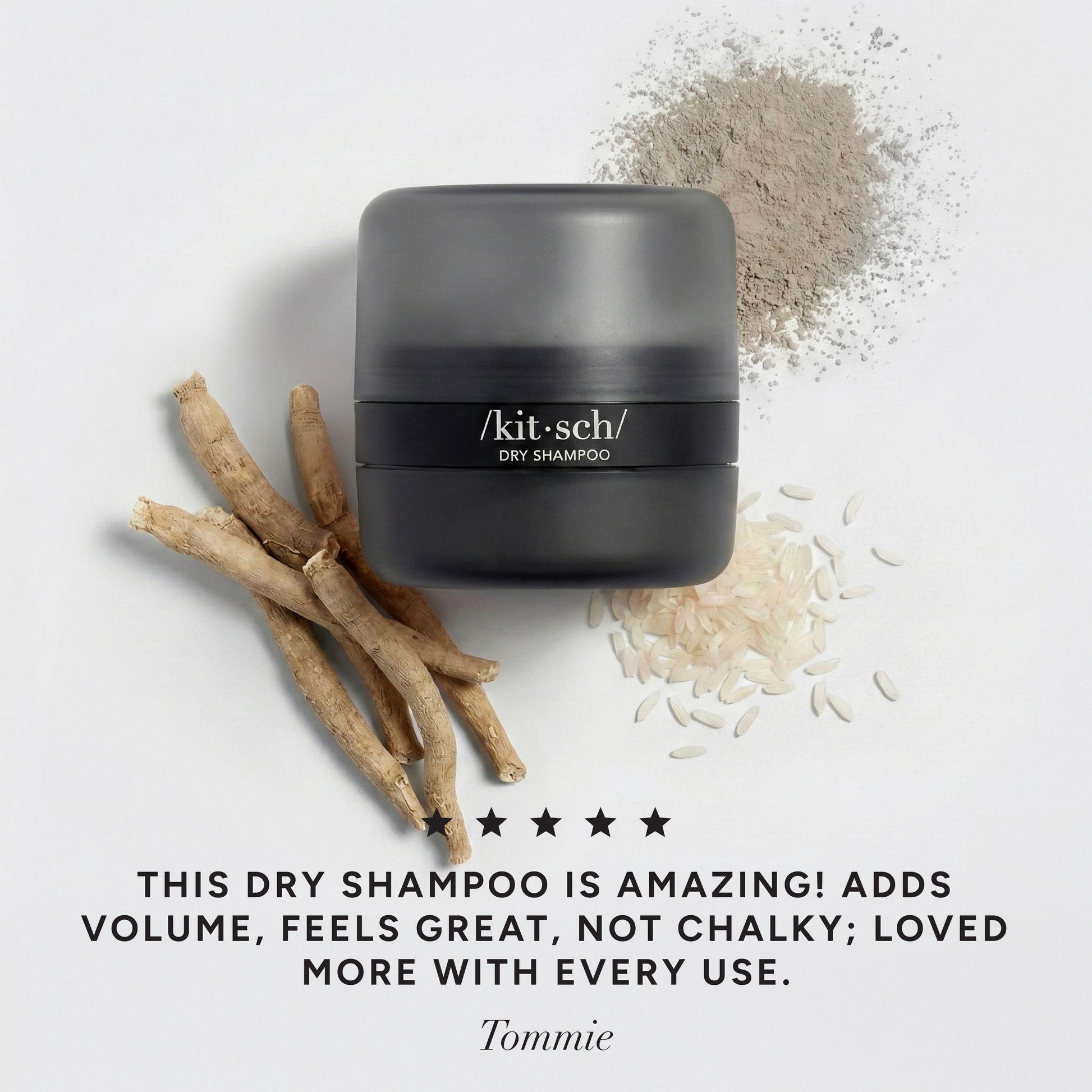 KITSCH Dark Volumizing Rice Protein Dry Shampoo with Puff — 5-star customer review graphic — Eco-friendly powder formula enriched with rice protein, niacinamide & ashwagandha — formula created without talc or benzene, safe for everyday use