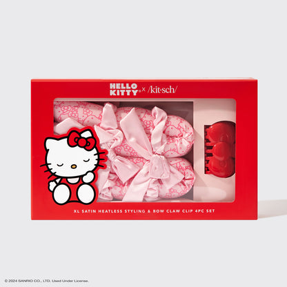 KITSCH Hello Kitty x KITSCH XL Satin Heatless Styling & Bow Claw Clip 4pc Set — on branded packaging card — 4pc heatless styling set in Hello Kitty-print pink satin on retail card