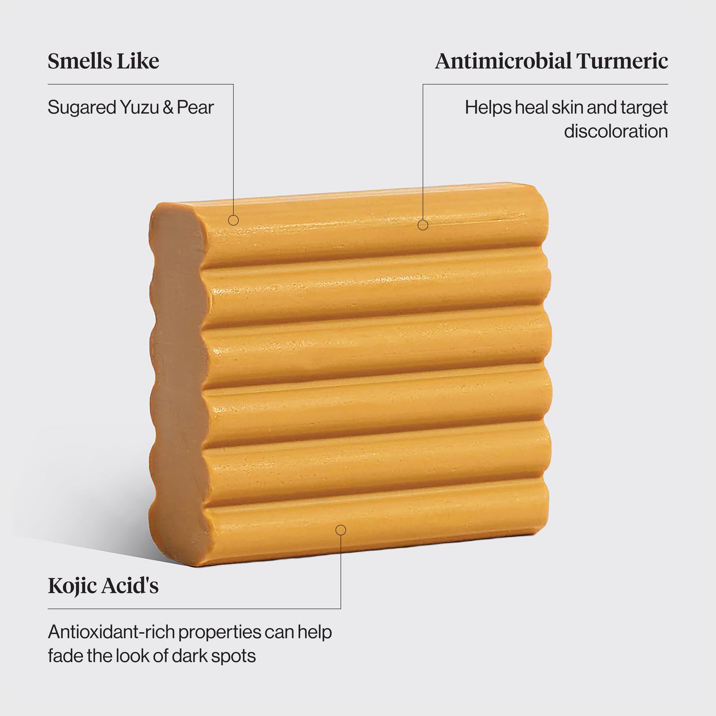 KITSCH Kojic Acid Bar for Hyperpigmentation & Dark Spots — product infographic — Infused with kojic acid to help brighten your skin for an even-looking complexion — formulated to help your skin glow from within by fading the look of dark spots and hyperpigmentation