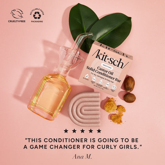 Kitsch Castor Oil Solid Conditioner Bar with castor oil and botanical ingredients beside a five-star customer review praising softer, smoother, healthier-looking curls.