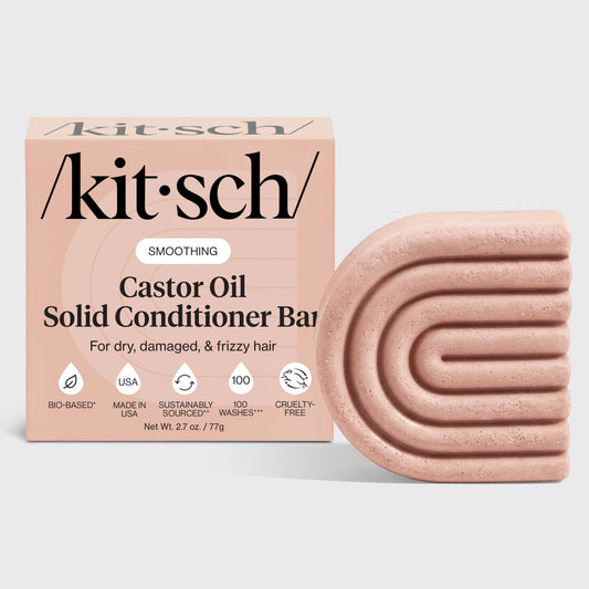 Kitsch Castor Oil Solid Conditioner Bar with packaging displayed beside the bottle-free conditioner bar for dry, damaged, and frizzy hair.