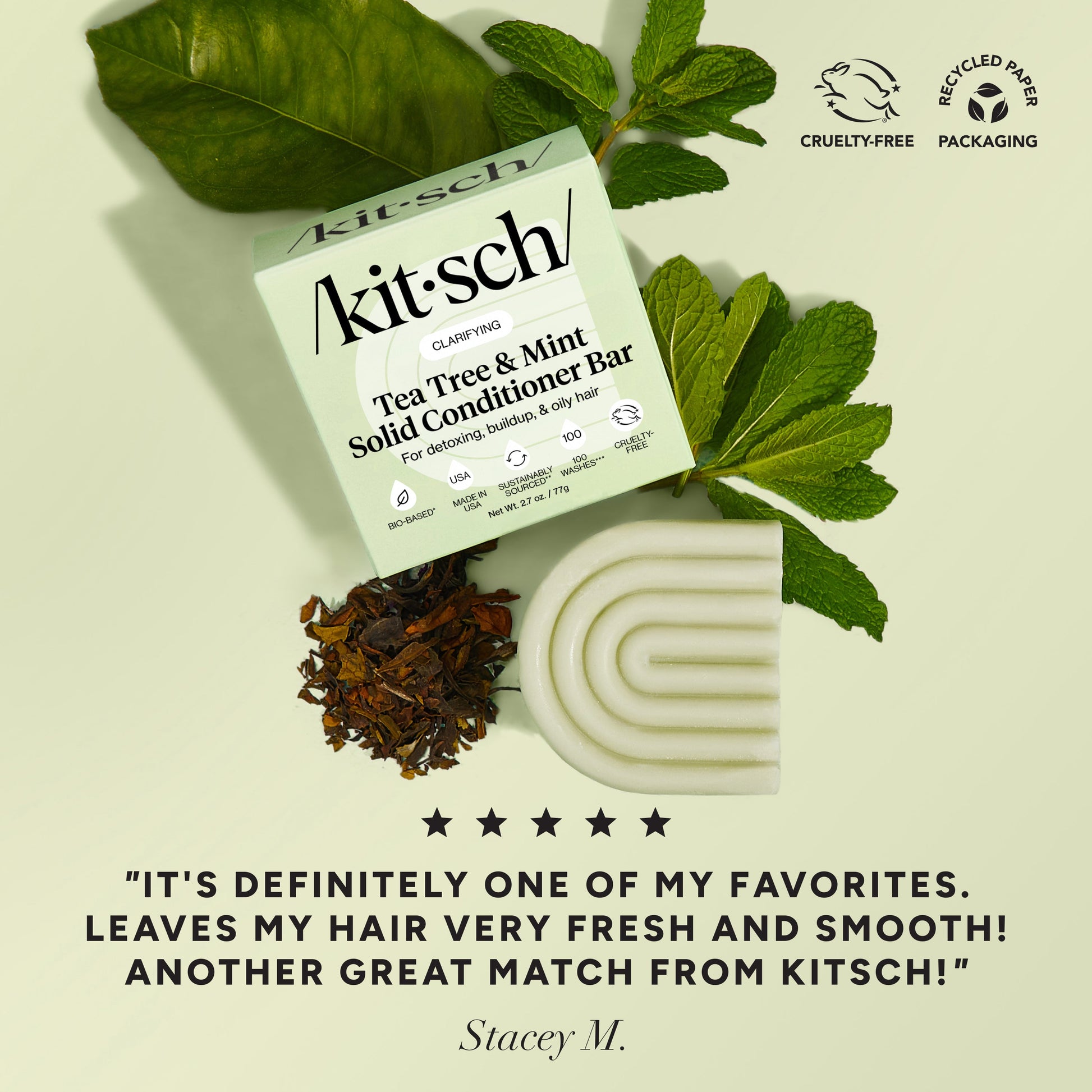 KITSCH Tea Tree & Mint Clarifying Conditioner Bar with 5-star customer review – leaves hair fresh, smooth and clarified