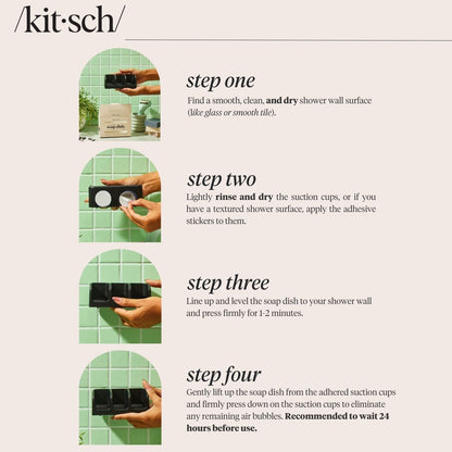 Step-by-step installation guide for the Kitsch Self-Draining Triple Soap Dish using suction cups or adhesive stickers.