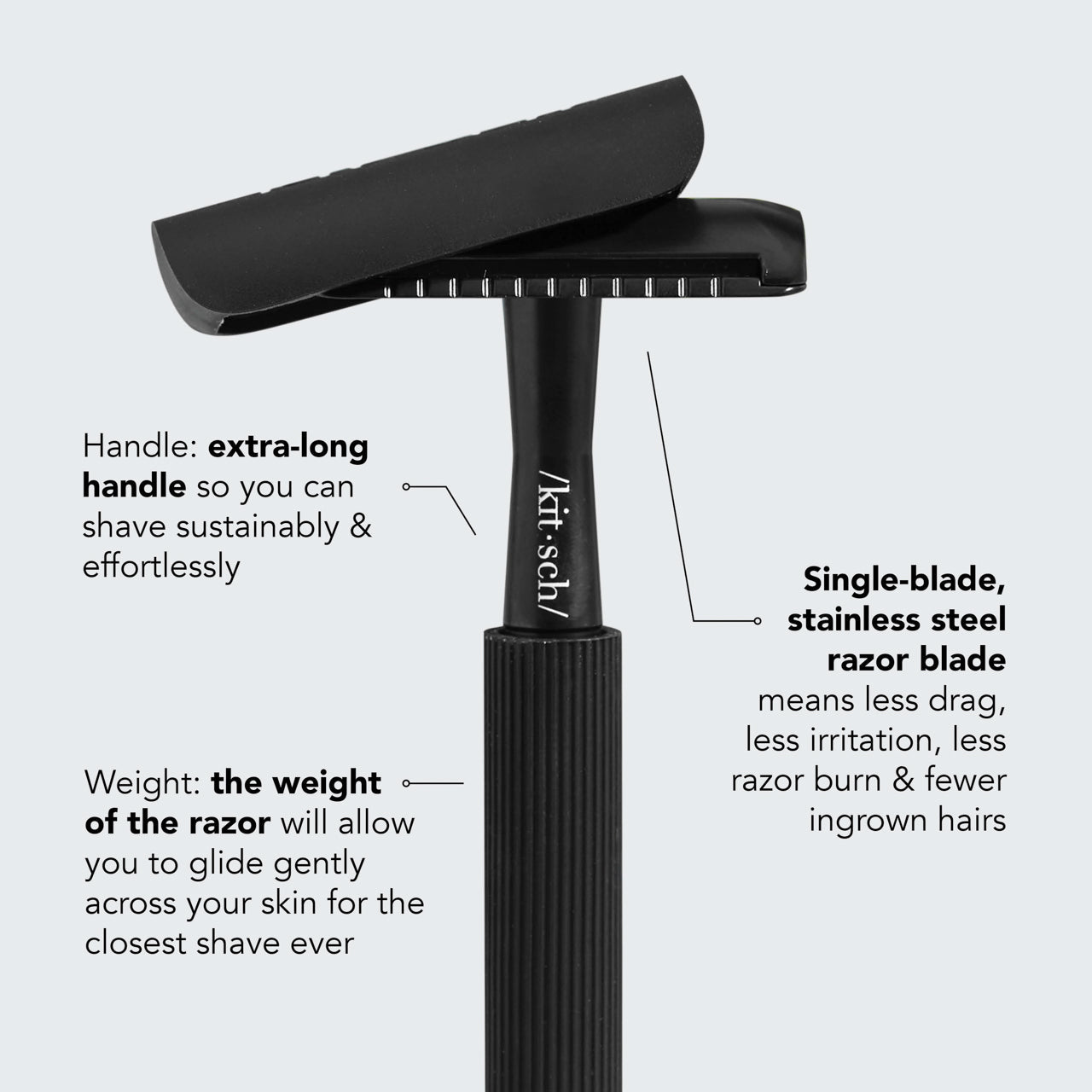 KITSCH Safety Razor Bundle Black — top selling points infographic — single-blade stainless steel reduces irritation, eco-friendly, reusable metal handle — bottle-free beauty