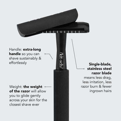 KITSCH Safety Razor Bundle Black — top selling points infographic — single-blade stainless steel reduces irritation, eco-friendly, reusable metal handle — bottle-free beauty