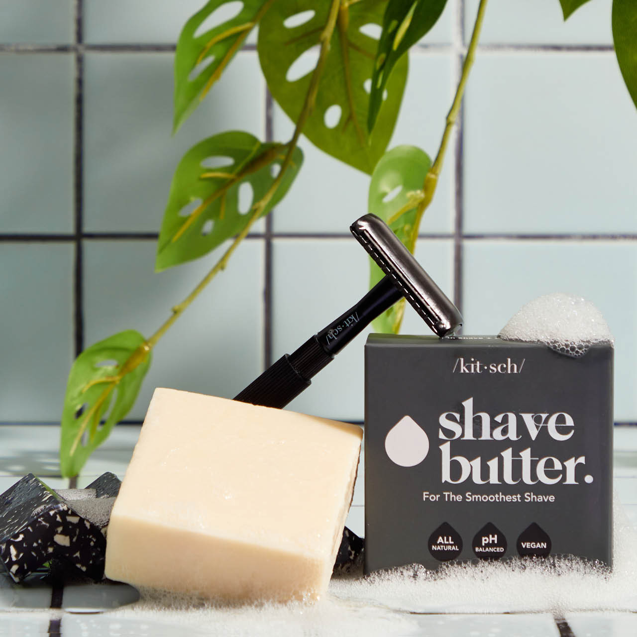 KITSCH Safety Razor & Shave Butter Bundle Black — hero product shot — Black Double-Edged Safety Razor + Solid Shave Butter — smoothest, closest shave — gender-neutral design