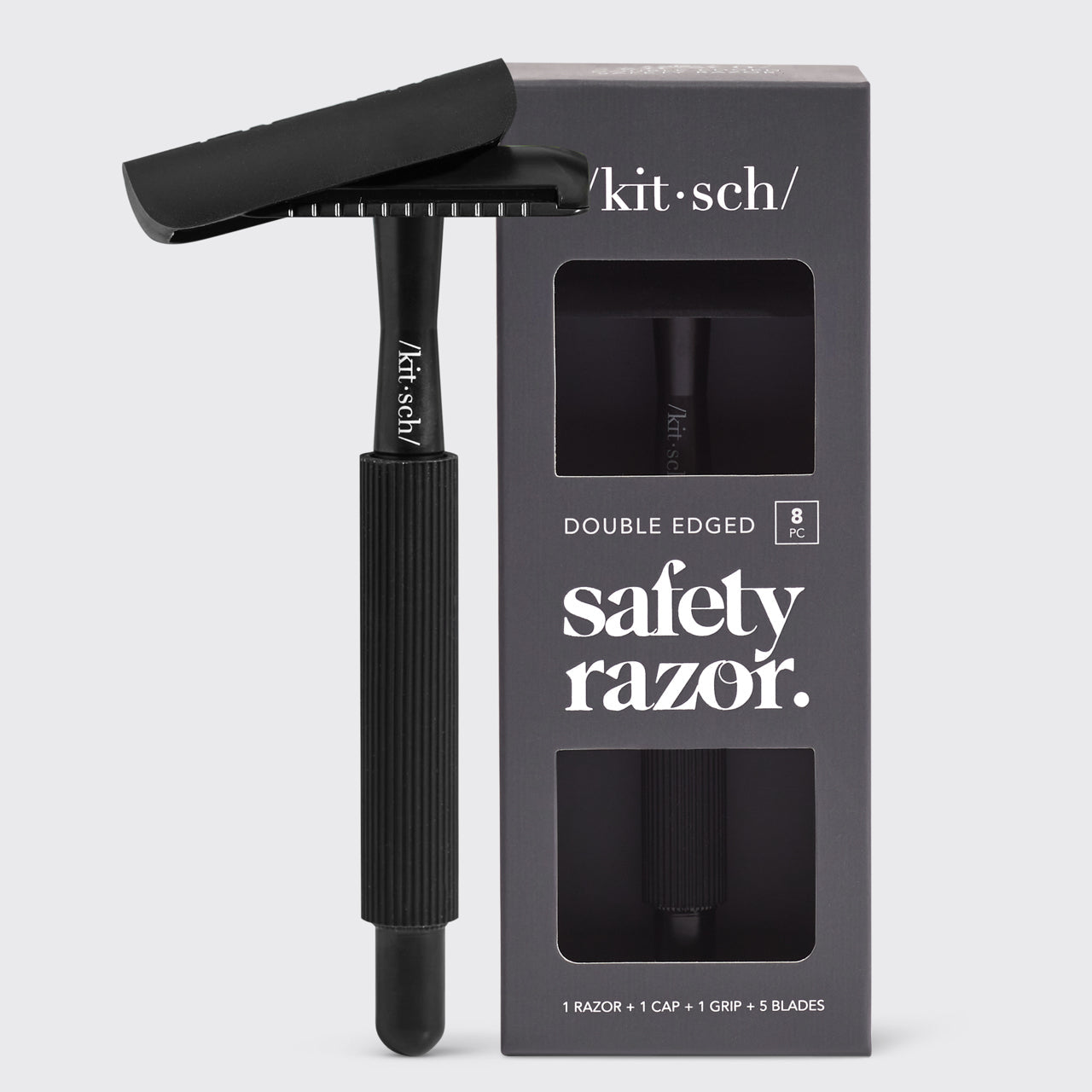 KITSCH Perfect Glide Safety Razor Black — hero product shot on clean background — sleek matte black finish — bottle-free beauty — reduces plastic waste