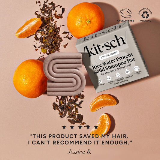 KITSCH Rice Water Shampoo Bar for Hair Growth — 5-star customer review graphic — Rice Tein NPNF® has been shown to increase hair volume by 20% after 5 washes — free of parabens, phthalates, silicones, & sulfates
