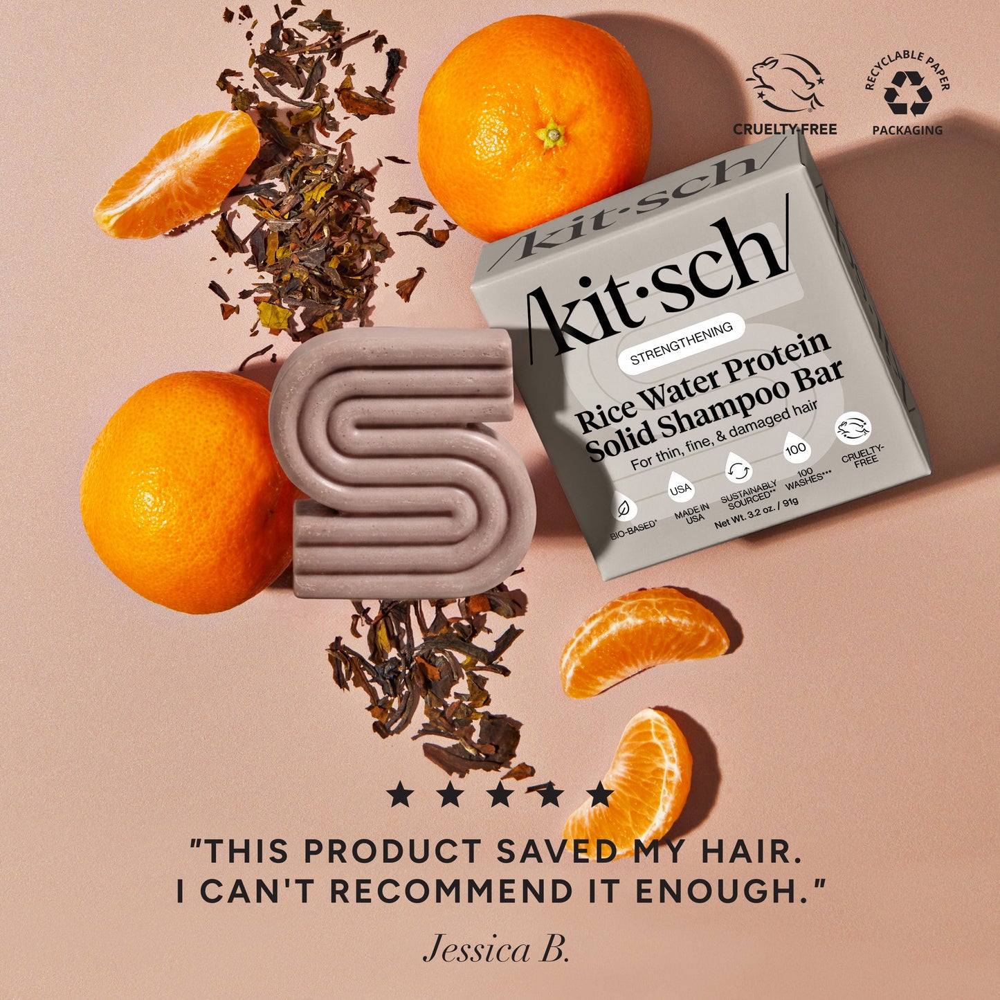 KITSCH Rice Water Shampoo Bar for Hair Growth — 5-star customer review graphic — Rice Tein NPNF® has been shown to increase hair volume by 20% after 5 washes — free of parabens, phthalates, silicones, & sulfates