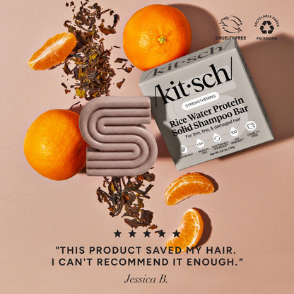 KITSCH Rice Water Shampoo Bar for Hair Growth — 5-star customer review graphic — Rice Tein NPNF® has been shown to increase hair volume by 20% after 5 washes — free of parabens, phthalates, silicones, & sulfates