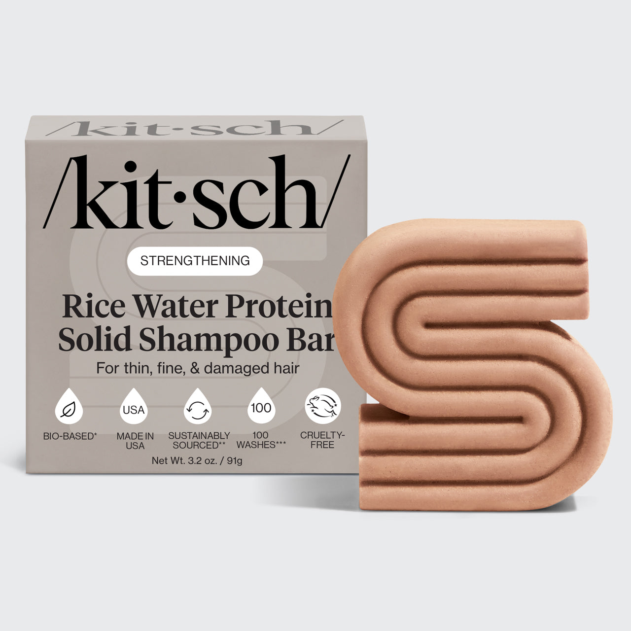 Kitsch Rice Water Shampoo Bar for Hair Growth packaging with bio-based solid bar - Formulated with Rice Tein NPNF, clinically proven to increase hair volume by 20% after 5 washes. For thin, fine, and damaged hair. Made in USA, cruelty-free, 100 washes, 3.2 oz / 91g.