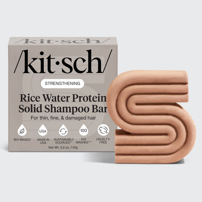 Kitsch Rice Water Shampoo Bar for Hair Growth packaging with bio-based solid bar - Formulated with Rice Tein NPNF, clinically proven to increase hair volume by 20% after 5 washes. For thin, fine, and damaged hair. Made in USA, cruelty-free, 100 washes, 3.2 oz / 91g.