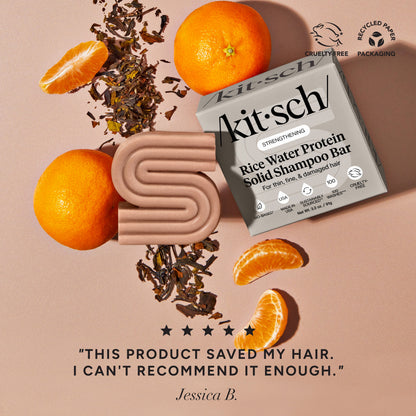 Kitsch Rice Water Shampoo Bar styled with oranges and tea leaves with five-star customer review - bio-based solid shampoo bar with Rice Tein NPNF clinically proven to increase hair volume by 20% after 5 washes. For thin, fine, and damaged hair. Cruelty-free, recycled paper packaging, made in USA, 100 washes, 3.2 oz / 91g.