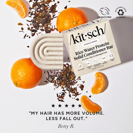 KITSCH Rice Water Conditioner Bar for Hair Growth — 5-star customer review graphic — Rice Tein NPNF® has been shown to increase hair volume by 20% after 5 washes — conditions & encourages overall hair length & density