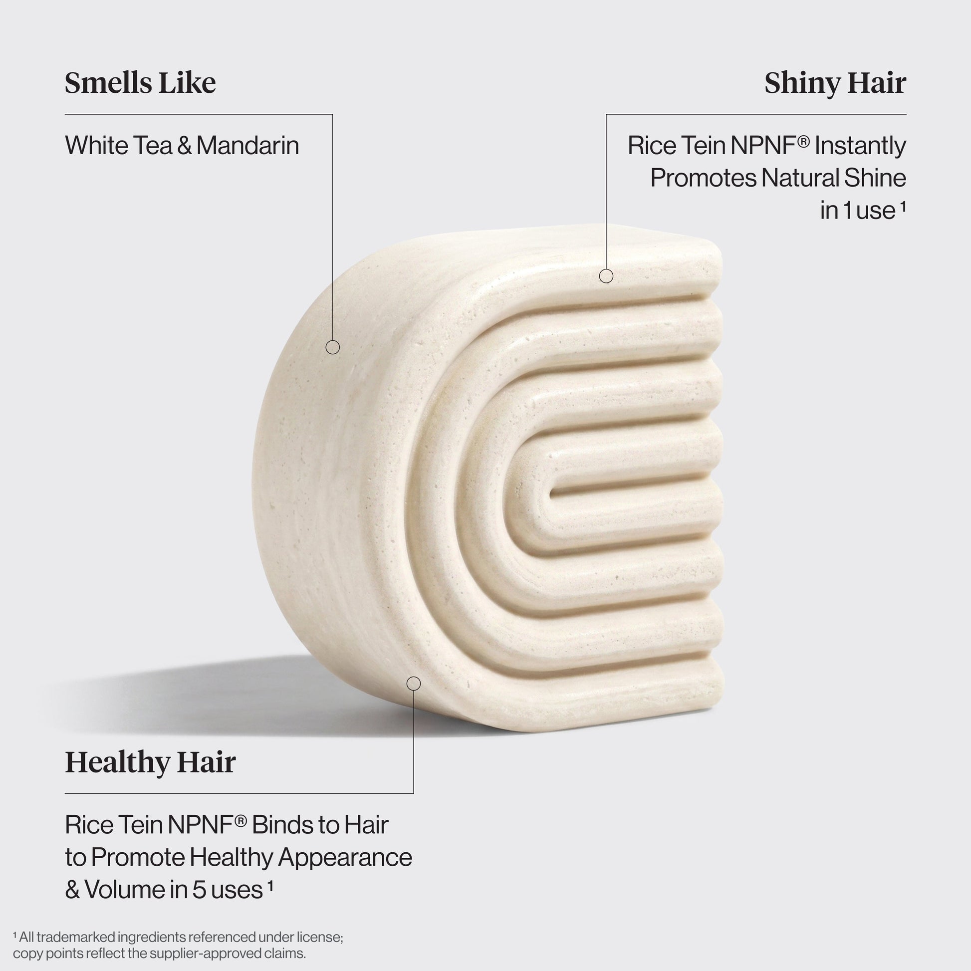 KITSCH Rice Water Conditioner Bar for Hair Growth — ingredient-focused detail shot — Formulated with Rice Tein NPNF®, clinically proven to increase hair volume and improve appearance of natural shine in just 5 washes — 1 bar lasts up to 100 washes, helping reduce single-use plastic