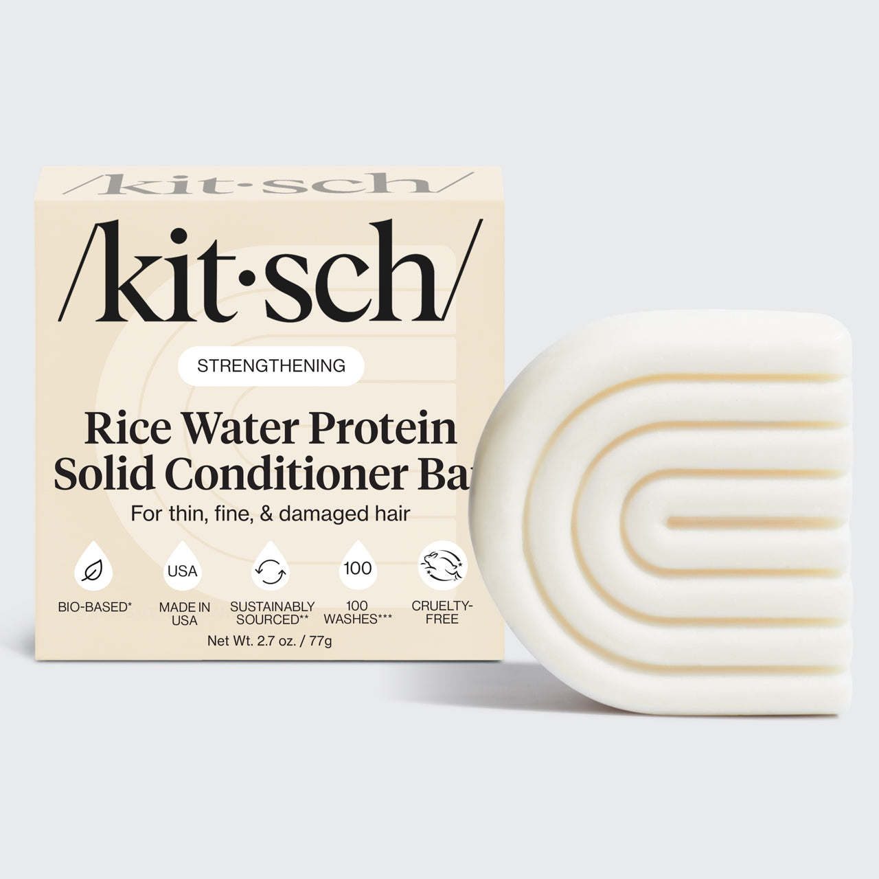Kitsch Rice Water Conditioner Bar for Hair Growth packaging with bio-based solid bar - Formulated with Rice Tein NPNF, clinically proven to increase hair volume by 20% after 5 washes. For thin, fine, and damaged hair. Made in USA, cruelty-free, 100 washes, 3.2 oz / 91g.