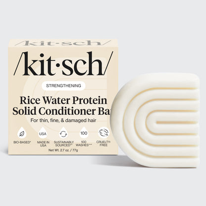 Kitsch Rice Water Conditioner Bar for Hair Growth packaging with bio-based solid bar - Formulated with Rice Tein NPNF, clinically proven to increase hair volume by 20% after 5 washes. For thin, fine, and damaged hair. Made in USA, cruelty-free, 100 washes, 3.2 oz / 91g.