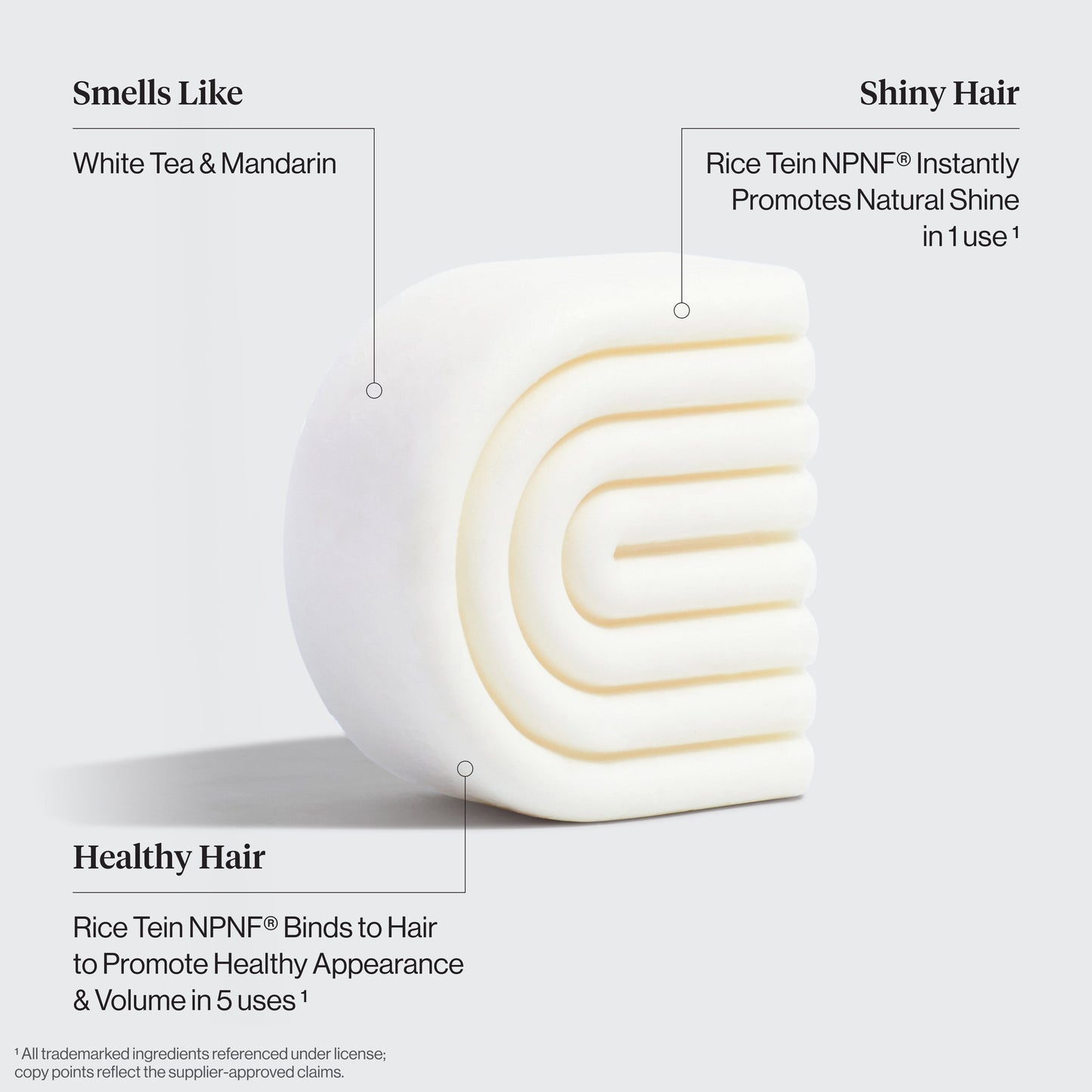 Kitsch Rice Water Conditioner Bar benefits diagram showing white tea and mandarin scent, Rice Tein NPNF for instant shine, and healthy hair volume - bio-based solid conditioner bar clinically proven to increase hair volume by 20% after 5 washes. For thin, fine, and damaged hair. Cruelty-free, made in USA, 100 washes, 3.2 oz / 91g.