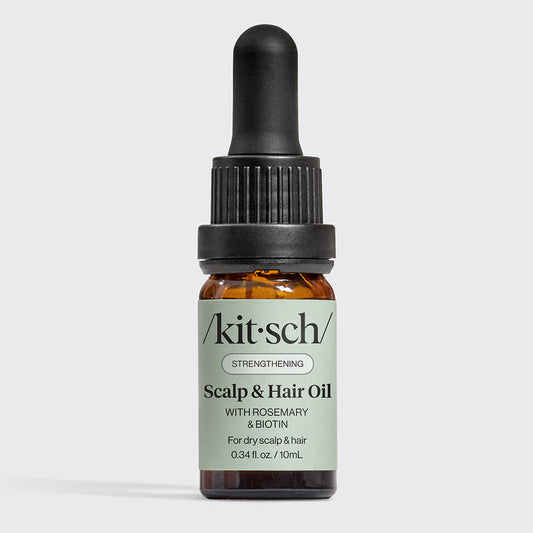 KITSCH Strengthening Rosemary & Biotin Scalp & Hair Oil 0.34fl oz./10mL — hero product shot — 100% plant-based oil formulated with rosemary extract and biotin — supports scalp health & hair strength from root to tip