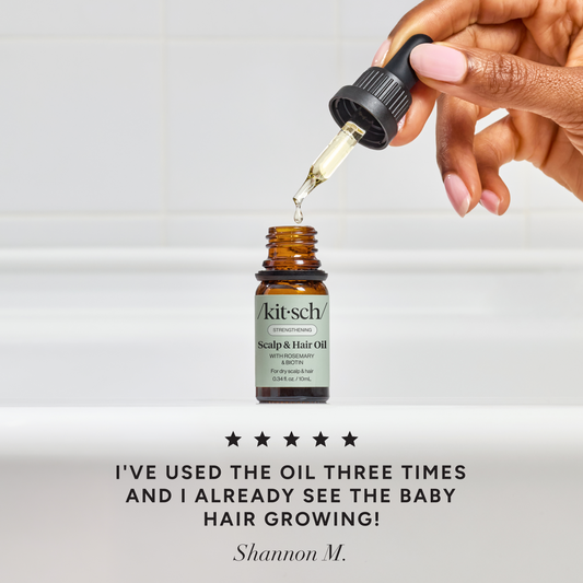 KITSCH Strengthening Rosemary & Biotin Scalp & Hair Oil 0.34fl oz./10mL — 5-star customer review graphic — 100% plant-based oil formulated with rosemary extract and biotin — free of parabens, phthalates, silicones, sulfates, & artificial fragrance