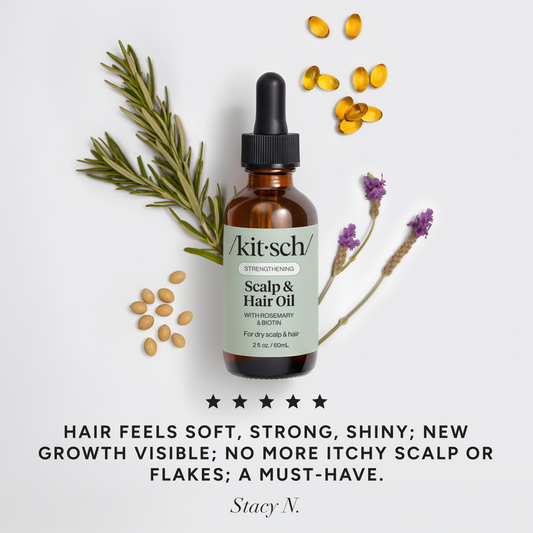 KITSCH Strengthening Rosemary & Biotin Scalp & Hair Oil — 5-star customer review graphic — 100% plant-based oil formulated with rosemary extract and biotin — free of parabens, phthalates, silicones, sulfates, & artificial fragrance