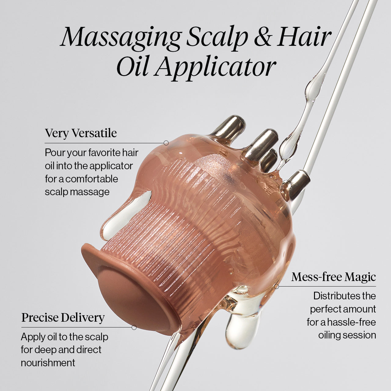 KITSCH Scalp Oil Applicator + Biotin Oil Bundle — product infographic — Precise, controlled dosing makes your routine quick and easy, without drips or spills — direct-application design evenly distributes oil for all hair types